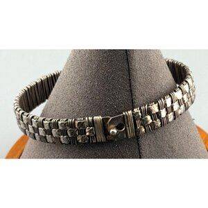Modernist Brutalist Sterling Silver Wire Wrap Front Weave Design Bracelet Pin Cl